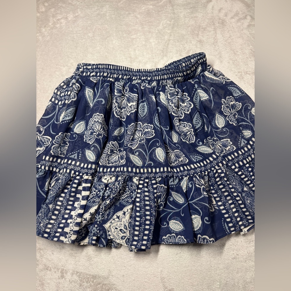 Misa Los Angeles Marion Navy Blue White Floral Paisley Ruffle Mini Skirt Small - Picture 9 of 12